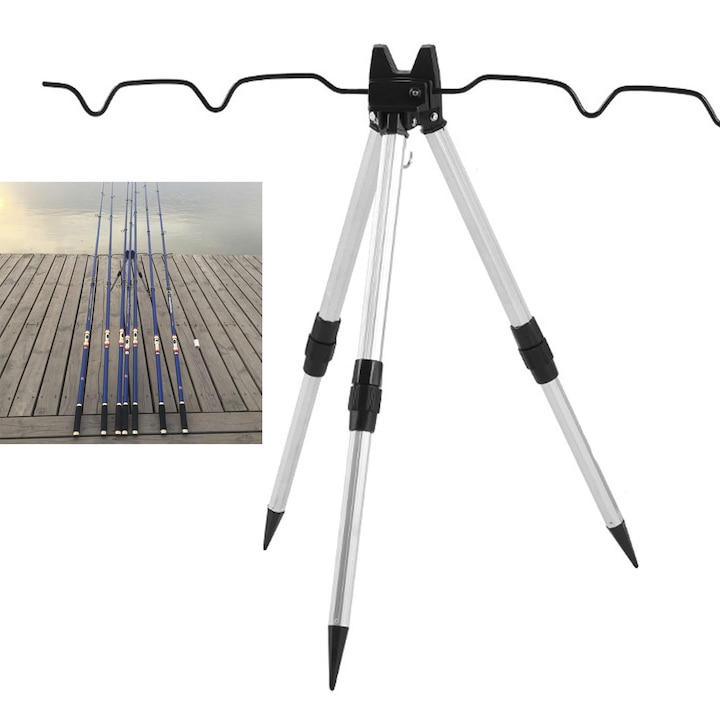 Trepied pentru feeder sau lansete, Hggzeg, Trepied pescuit Din Aluminiu, Cu 4 posturi din aluminiu, Durabil si rezistent la rugina, Antiderapant si stabil, Ideal pescuitului dupa mal, Aluminiu, 62x43cm, Argintiu