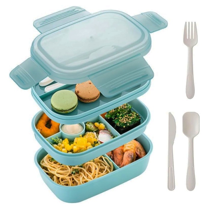 Cutie pranz, Hggzeg, Set de tacamuri, Un separator pentru alimente, 3 niveluri, 200ml+700ml+950ml, Cu cutit lingura furculita, Rezistenta la scurgeri, Portabila, Pentru microunde si congelator, PP5, 21.5x14.5x10cm, Albastru