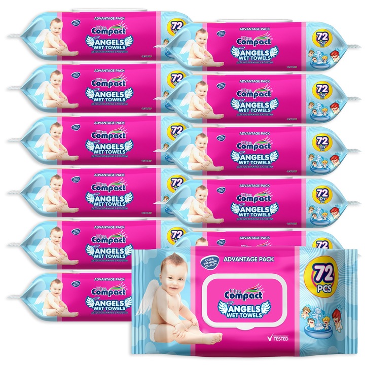 Мокри кърпички Angels Baby, 12 опаковки x 72, 864 бр., големи 16x19 см, ултракомпактни