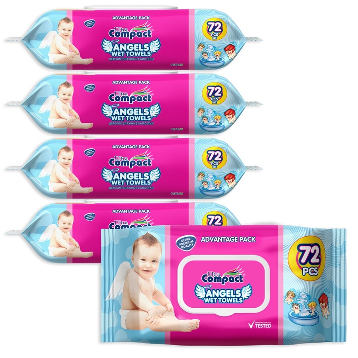 Мокри кърпички Angels Baby, 5 опаковки x 72, 360 бр., големи 16x19 см, ултракомпактни
