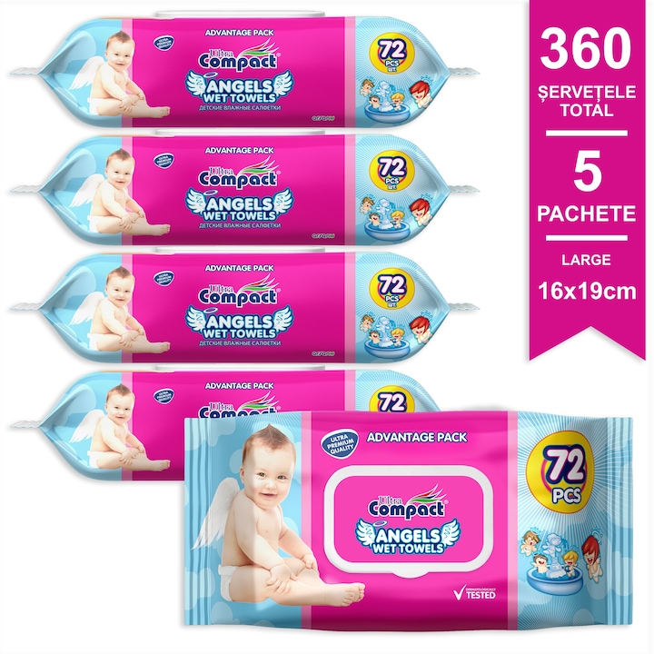 Мокри кърпички Angels Baby, 5 опаковки x 72, 360 бр., големи 16x19 см, ултракомпактни