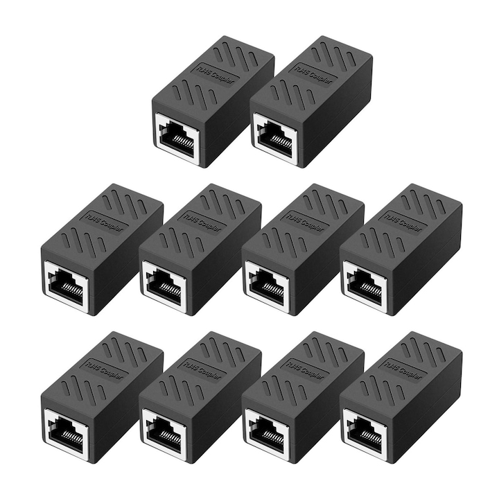 Комплект от 10 RJ45 удължителни щекера за мрежов кабел, SINBINTA, Адаптер за удължаване на мрежов кабел, Active, Female-female, Gigabit, Pass-through щепсел, In-line куплунг за Cat7/Cat6/Cat5e/Cat5 кабел, Пластмаса, 36*20*21mm, Черен