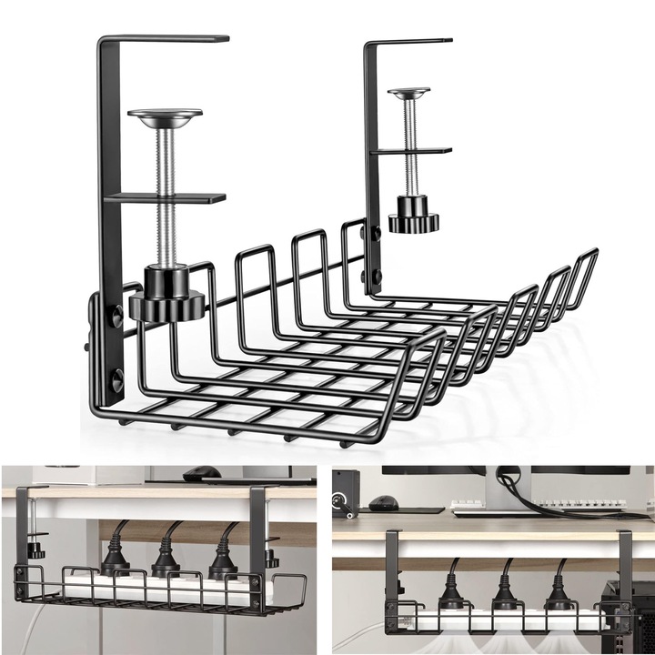 Tava de gestionare a cablurilor sub birou, SINBINTA, Organizator de cabluri tip cutie, Fara gaurit, Extensibil, Montare cu clema, Nu este usor de ruginit, Pentru biroul acasa, Metal, 40*13*15cm, Negru