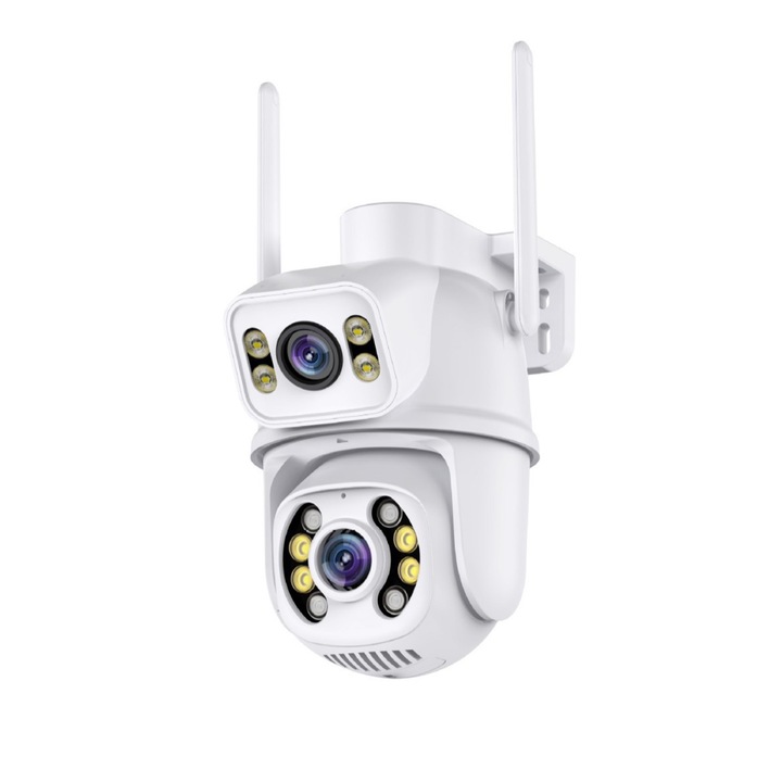 WIFI kettős térfigyelő kamera, Axroad Mall, kültéri / beltéri megfigyelő kamera kétirányú kommunikációval és infravörös éjszakai látással, forgatással, zoommal, mozgás- és személyérzékeléssel és követéssel, fehér