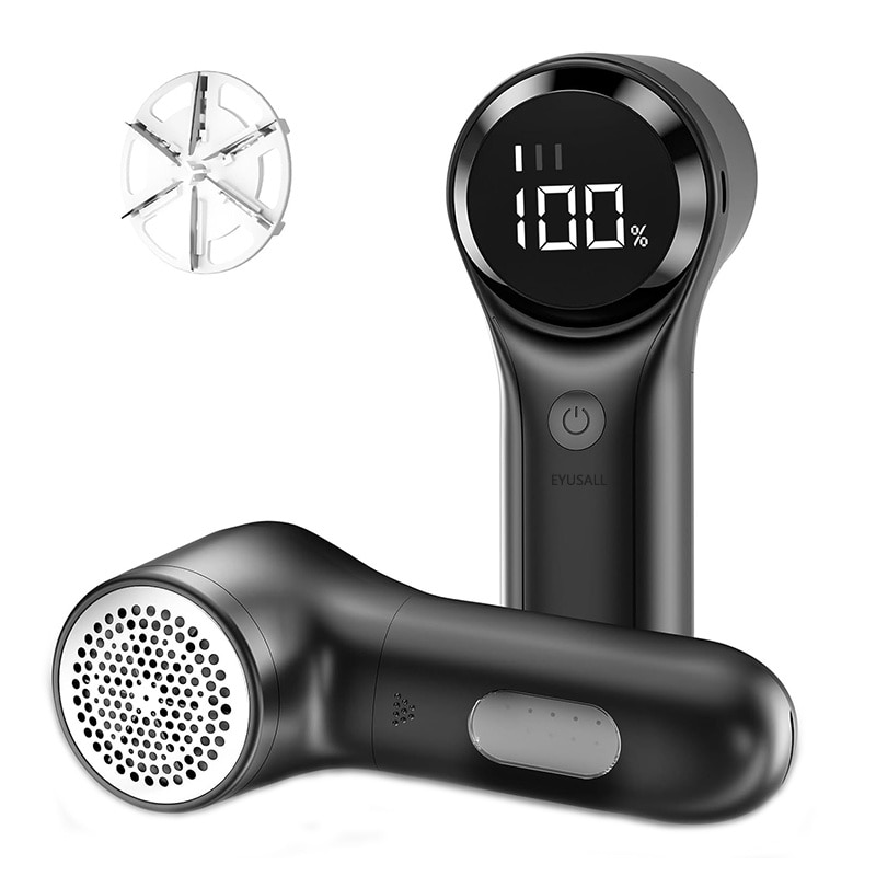 Aparat de curatat scame, EYUSALL, pentru indepartarea scamelor, Display LED, 3 viteze, cutit cu 6 lame din inox, Reincarcabil USB, Negru