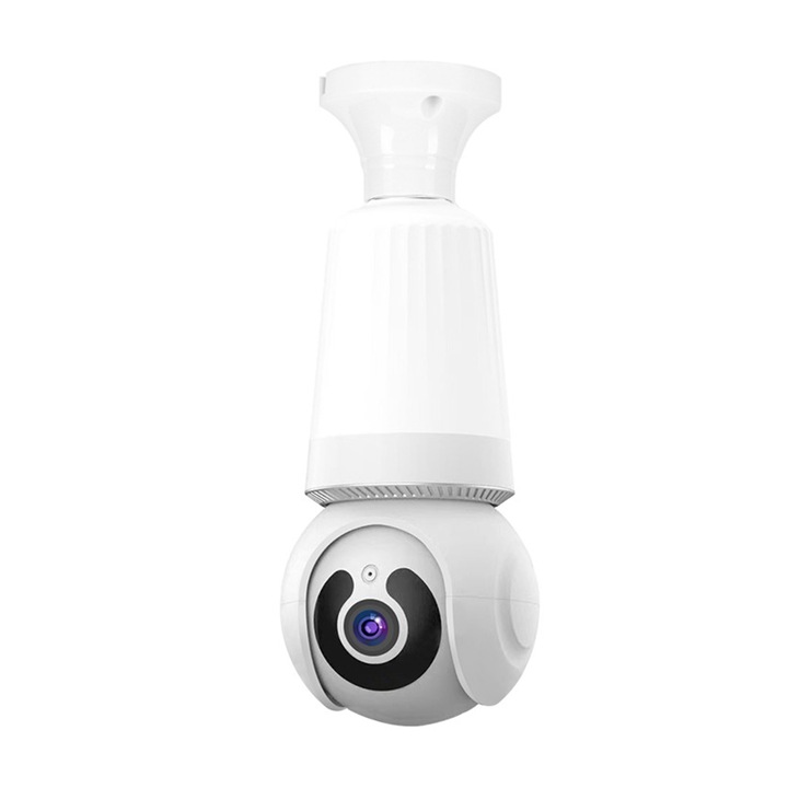 WIFI камера за наблюдение, Axroad Mall, Панорамна 360° камера за наблюдение тип крушка, Може да се използва като крушка, ULTRA HD 2K, увеличение, С двупосочен звук и алармена сирена, Лесен за инсталиране, ABS/пластмаса, бял