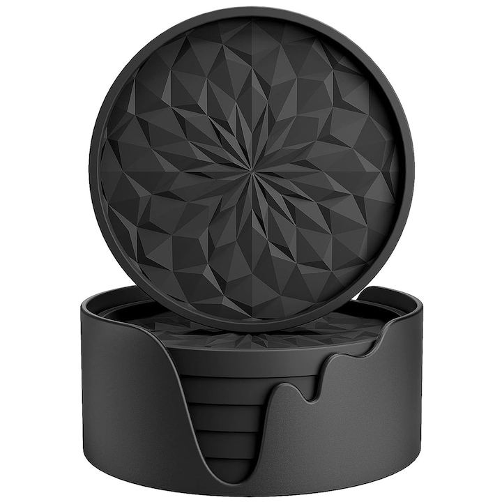 Комплект 6 подложки/стъклодържачи, SINBINTA, Комплект подложки и 6 чаши, Неплъзгащи се, Кръгли, Диаметър 10 см, Лесни за почистване, Устойчиви на топлина и студ, За семейни вечери, офиси, партита, Силикон, Черен