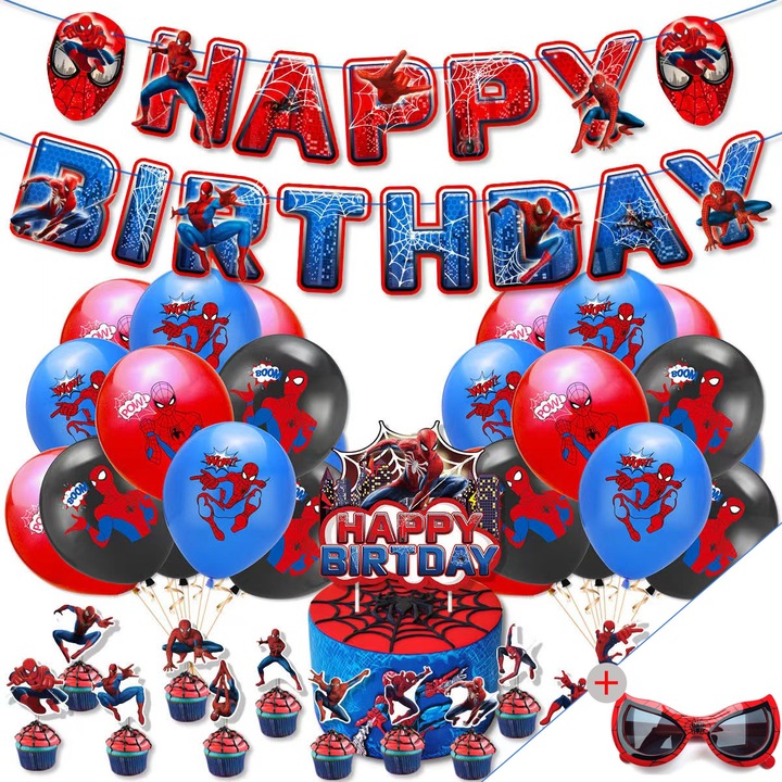 Set de Decoratiuni pentru Petrecere Spiderman, 1 Banner Happy Birthday, 1 Ochelari de soare pentru copii, 18 Baloane, 16 Topper-uri Tort, Capac Tort, Panglici Balon, Albastru| Rosu