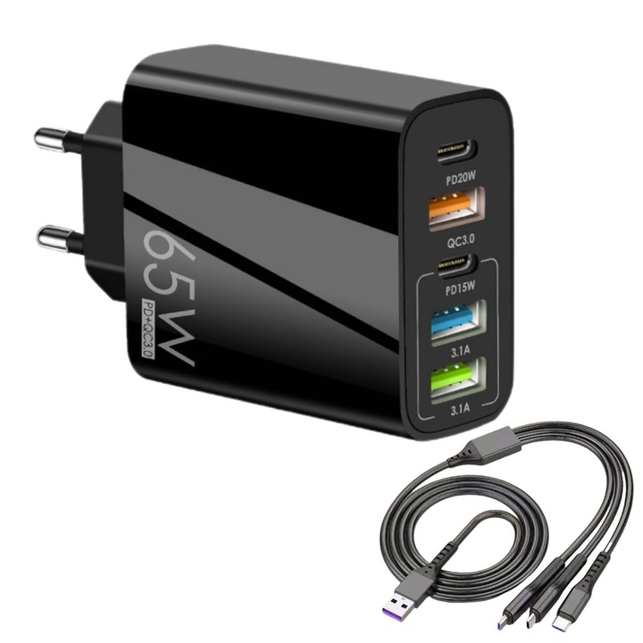 Hálózati töltő, SINBINTA, Telefontöltő, 3 az 1-ben adatkábellel, 5 port, Összesen 65 W gyorstöltés, 3 x USB, 2 x Type-C, Univerzális iPhone, Huawei, Samsung kompatibilis, Műanyag, 55,3 * 28,4 * 97,9 mm, Fekete