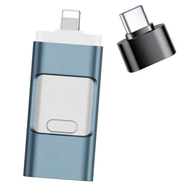 USB памет 256 GB 4 в 1, Флаш памет за Android и IOS, с USB C, Micro USB, за Apple Lightning, OTG функция, за Iphone, за Ipad, смартфон, таблет, компютър, лаптоп, Универсална, plug and play, синя