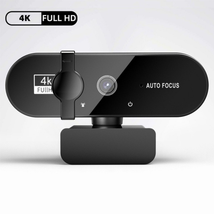 Full HD 4K уеб камера, Plug and Play, 60 кадъра в секунда, Antishake, функция за корекция на светлината, за лаптоп, онлайн урок, видео, стрийминг на живо, автофокус, 360° въртене, двоен стерео микрофон с намаляване на шума, калъф за поверителност, черен