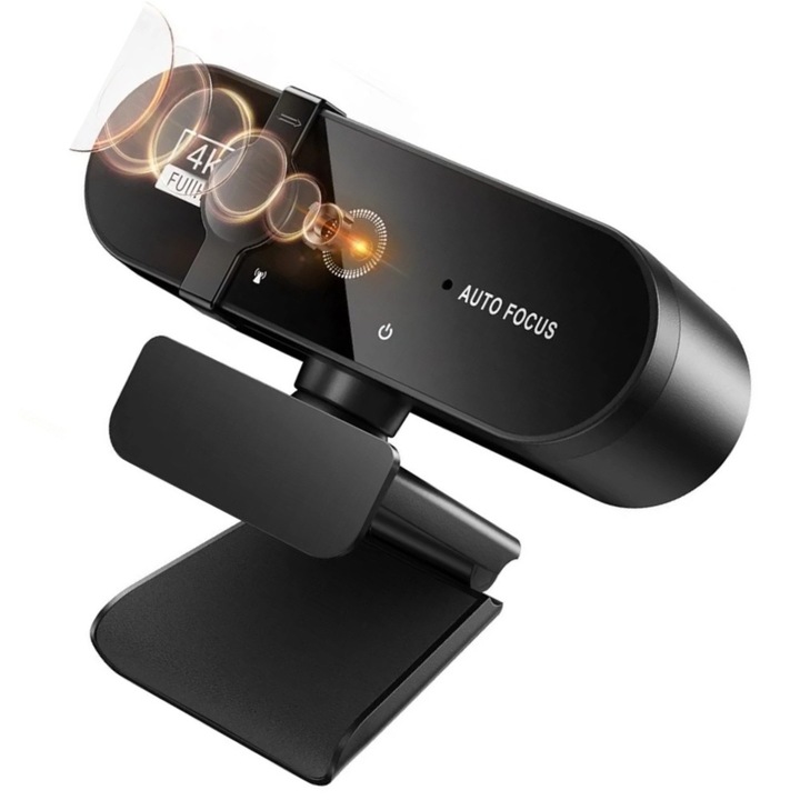 Camera Web Full HD 4K, Plug and Play, 60fps, Antishake, Functie de Corectie a Luminii, Pentru Laptop, Lectie online, Video, Streaming live, Focalizare automata, Rotatie 360°, Microfon Dual Stereo cu Reducere a Zgomotului, Privacy Cover, Negru