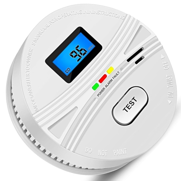 Detector 2 in 1 Monoxid de carbon si Fum, Senzor dual electrochimic + fotoelectric, Display LCD pentru monitorizare a Concentratiei de Gaz in Timp real, Indicator stare led, Lumina si sunet Alarma, alimentata cu baterie, Alb