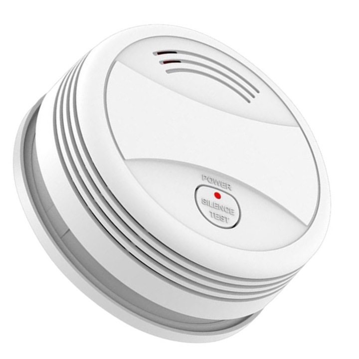 Detector de Fum Smart, WiFi, Control de pe telefon, Alarma in retea, alimentata cu baterii, aplicatie Tuya / Smartlife, Senzor Fotoelectric, Avertizare Sonora Puternica 80db, Buton de Test / Silence, pentru IOS si Android, Alb