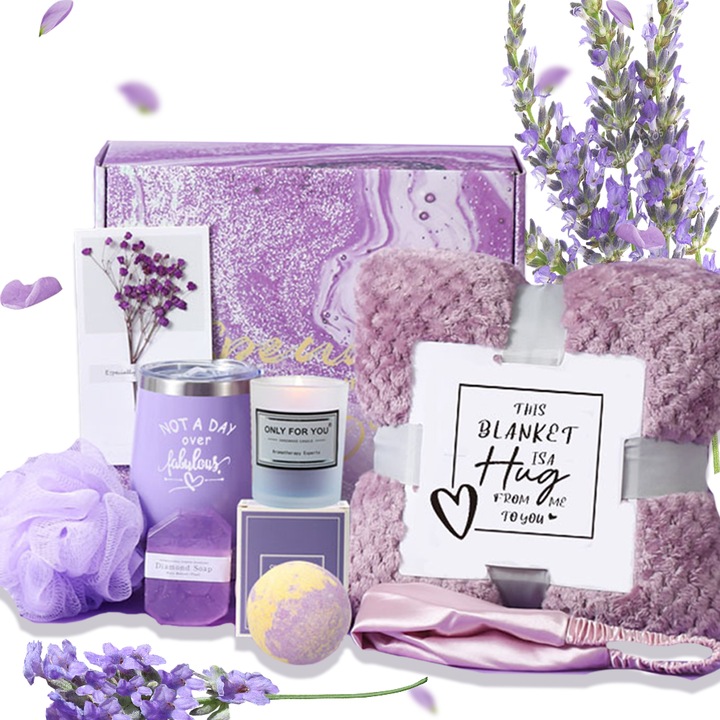 Set Cadou Pentru Femei, Seafly®, Set Cadou Spa Relaxare, Cana de Cafea Din Otel Inoxidabil, Sapun cu Ulei Esential, Bomba de Baie, Lumanare Parfumata, Patura si Card, Sunt Cele Mai Bune Cadouri Pentru Doamne, Mame, Sotii, Colegi, Violet