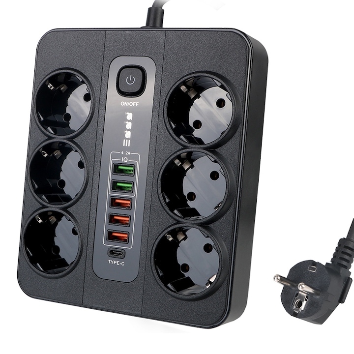 Удължителен кабел 3000W, SINBINTA, 6 гнезда, 5V/3A, 5 USB, 1 Type-c, Бутон за включване/изключване, Устойчив на висока температура, Огнезащитни материали, Със защита от пренапрежение и претоварване, Мед/PC, 2 м кабел, Черен