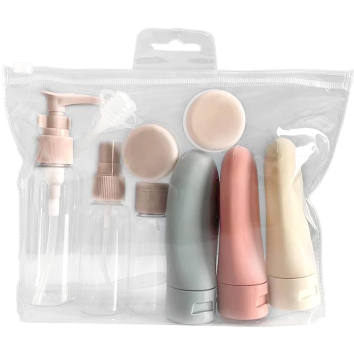 Комплект от 11 контейнера за пътуване, Axroad Mall, козметични контейнери, непропускливи, с мини фуния и чанта, за многократна употреба, преносими и сгъваеми, за почивка и къмпинг, пластмаса, розово/прозрачно