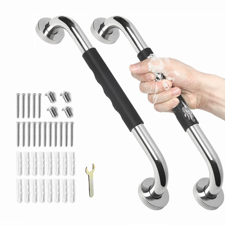 Комплект от 2 ръкохватки за баня, SIBINTA, опорна дръжка за баня от неръждаема стомана, неплъзгаща се дръжка, устойчивост на корозия, с монтажни винтове за лесна инсталация, подходяща за бани и домашна употреба, 30x5 см, сребриста