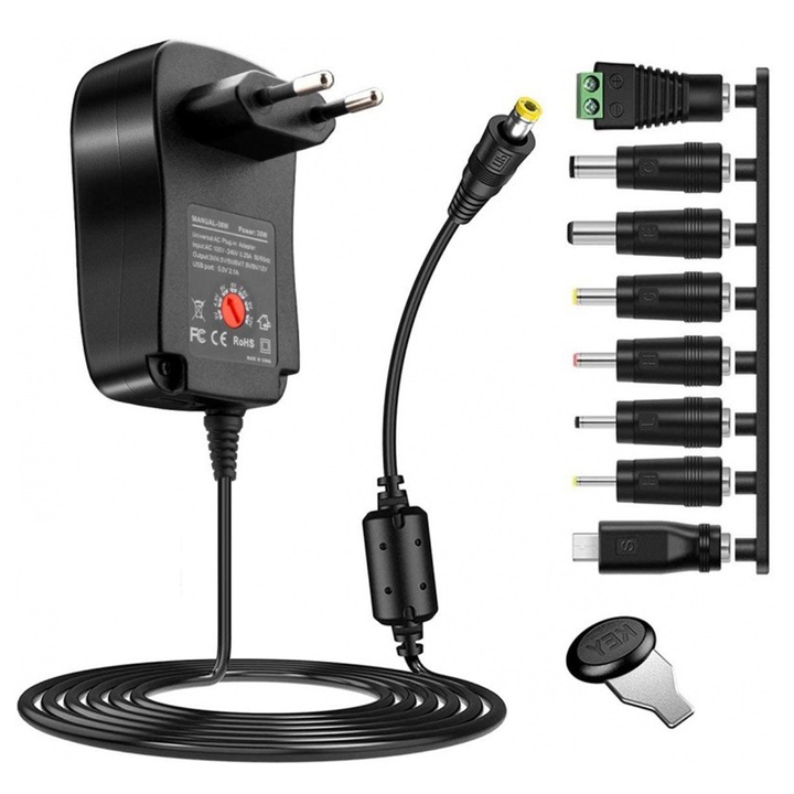 Univerzális AC / DC adapter töltő 8 csatlakozóval, Axroad Mall, Teljesítmény 30W, Állítható feszültség 3-12V, 1.5-2A, USB-A port, univerzális kompatibilitás, Tápellátás visszajelző lámpával, Túlfeszültség és rövidzárlat védelem, ABS, Fekete