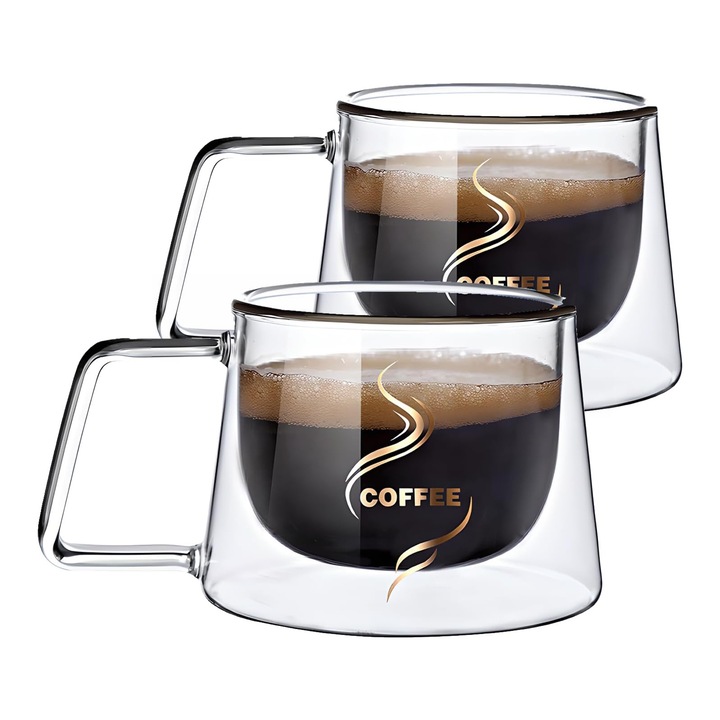 Set 2 cani cu pereti dubli, Cesti cafea, Axroad Mall, Sticla termorezistenta borosilicata, Model rotund, pentru cafea, ceai, lapte, 180 ml, Transparent