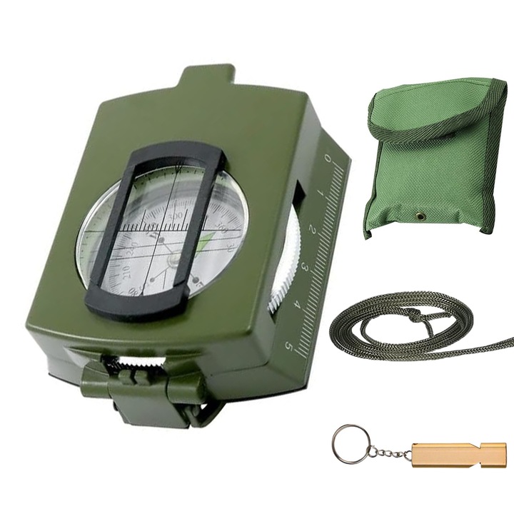 Навигационен компас за туризъм, SIBINTA, С мерник и метална свирка, Калъф за съхранение и включен кабел, Фосфоресциращ циферблат, Водоустойчив, Издръжлив капак, Идеален за къмпинг и туризъм, Цинк, 57x45 mm, Зелен