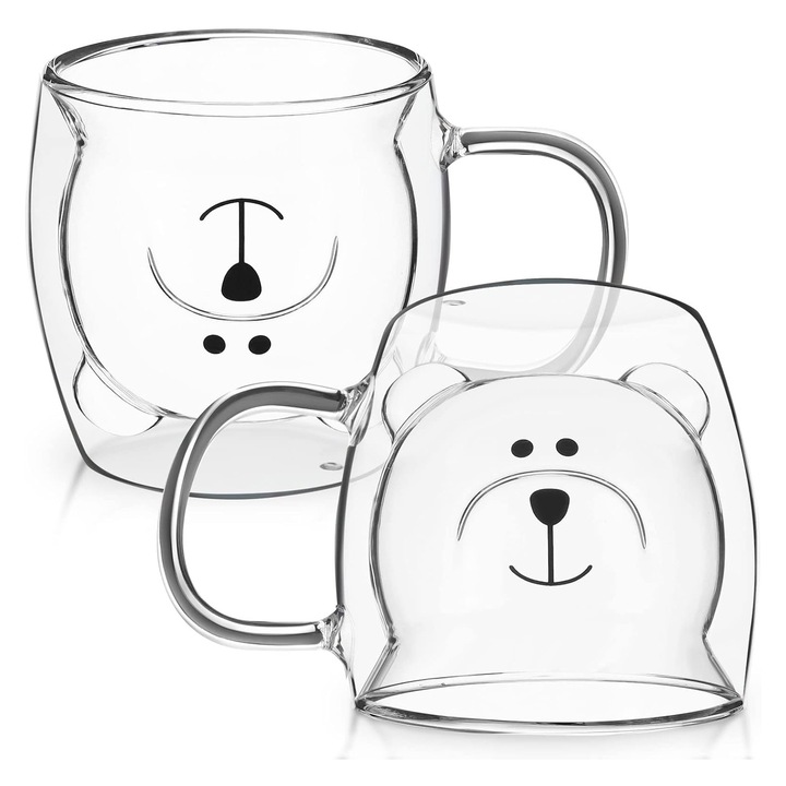 Set 2 cani in forma de ursulet din sticla termorezistenta, Cesti cafea, Axroad Mall, 250 ML, Cu maner, Pereti dubli, Pentru ceai si cafea, Transparent