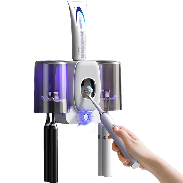 Suport pentru 4 Periute, Tressino, Sterilizator UV pentru Periute cu Dispenser Automat pentru Pasta de Dinti, Montaj fara gauri, Pahar de Clatire Inclus, Negru/Gri
