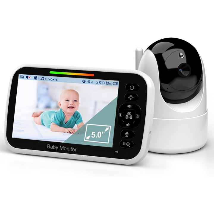 Babafigyelő audio-Video csecsemőknek, Lurelia, 5 hüvelykes HD képernyő, 355°-os elforgatás, Éjjellátó funkció, Hőmérsékletfigyelés, 3000 mAh-s akkumulátor, 300 m-es hatótáv, Újszülöttek és gyerekszobák számára, fehér
