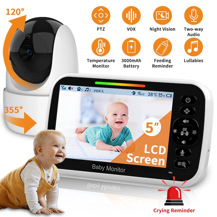 Baby Monitor Audio-Video pentru Bebelusi，Lurelia, Ecran HD de 5 inci, Rotatie de 355°, Functie de vedere nocturna, Monitorizare a temperaturii, Baterie de 3000mAh, Raza de actiune de 300m, Potrivit pentru nou-nascuti si camere de copii, Alb