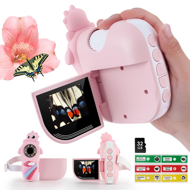 Microscop portabil pentru copii, 1000X, mini microscop digital cu ecran de 2 inchi, set educativ, card TF de 32GB inclus, kit educational pentru stiinta, cadouri de Craciun/de nastere, WALALLA, roz