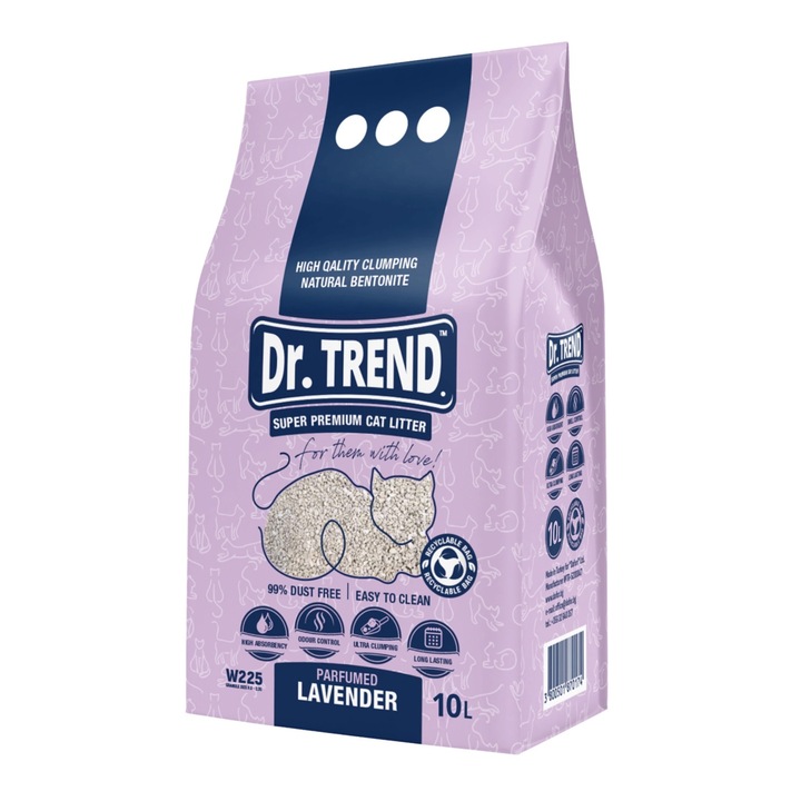 DR.TREND Super Premium Asternut igienic pentru pisici, Lavanda, Bentonita 10L