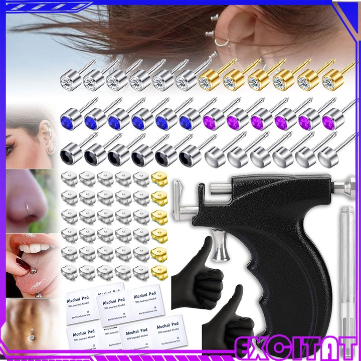 Pistol profesional de dat gauri in urechi si nas, Excitat®, Include 36 de cercei cu diamante, Cercei din otel inoxidabil de grad medical, rezistenti la alergii, potrivit pentru utilizare in saloane si acasa, Negru