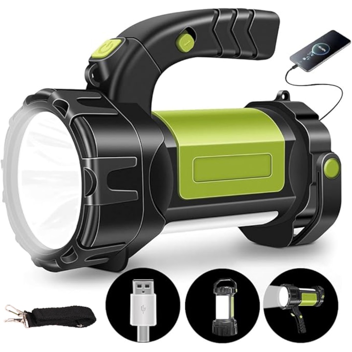 LED фенер, ABS, USB зареждане, 7 режима на осветяване, 700LM, 2400MAh, 17.5x13.7x9.4cm, зелен