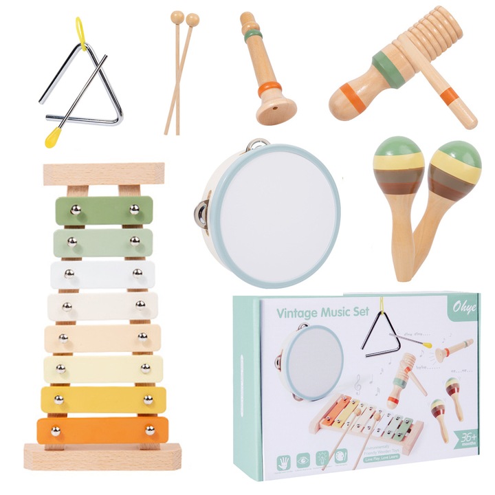 Yulinland fából készült hangszerkészlet gyerekeknek, fejleszti a ritmusfelismerést, fejleszti a szem-kéz koordinációt, a koncentrációs készségeket, többszínű, 6 részes