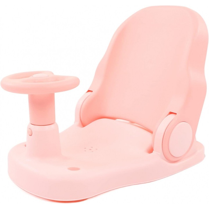 Scaun de baie Little Mom Driver Pink cu volan si spatar reglabil in 3 pozitii, margini rotunjite, fixare cu ventuze, dimensiune 20x40x18 cm, varsta recomandata 6 luni+
