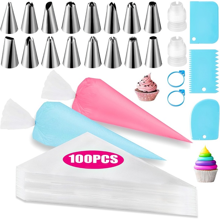 Комплект сладкарски изделия, 123 части, накрайници за декориране на торти и сладкиши, Excitat®, Multicolor