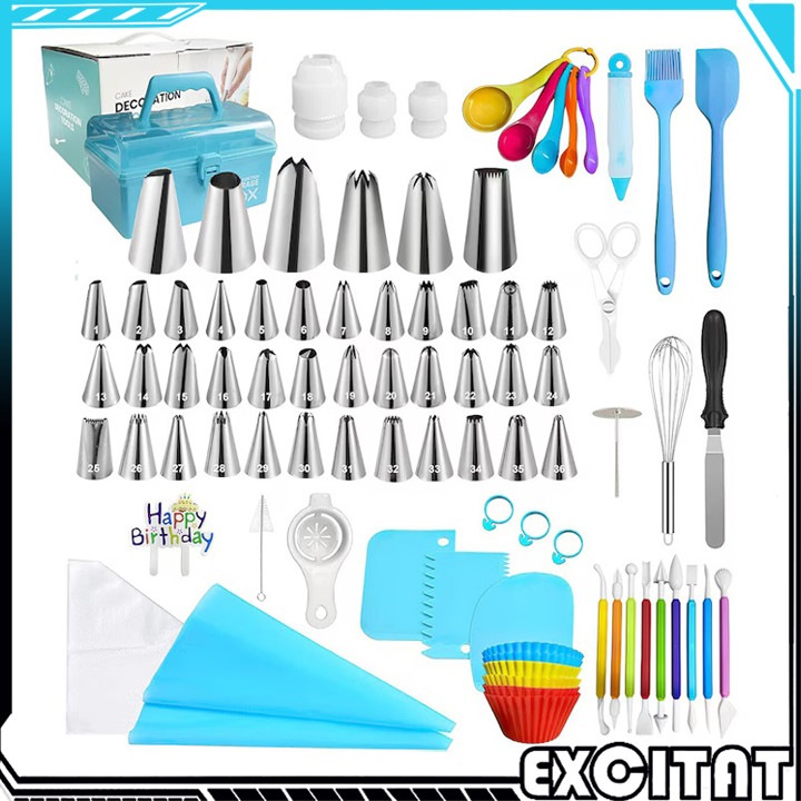 Set Patiserie/Cofetarie, 228 piese, Excitat®, Duiuri pentru ornat si decorat prajituri, Pungi de ornare de, Ustensile ornare prajituri, Cutie Depozitare, Materiale sigure pentru produse alimentare, Multicolor