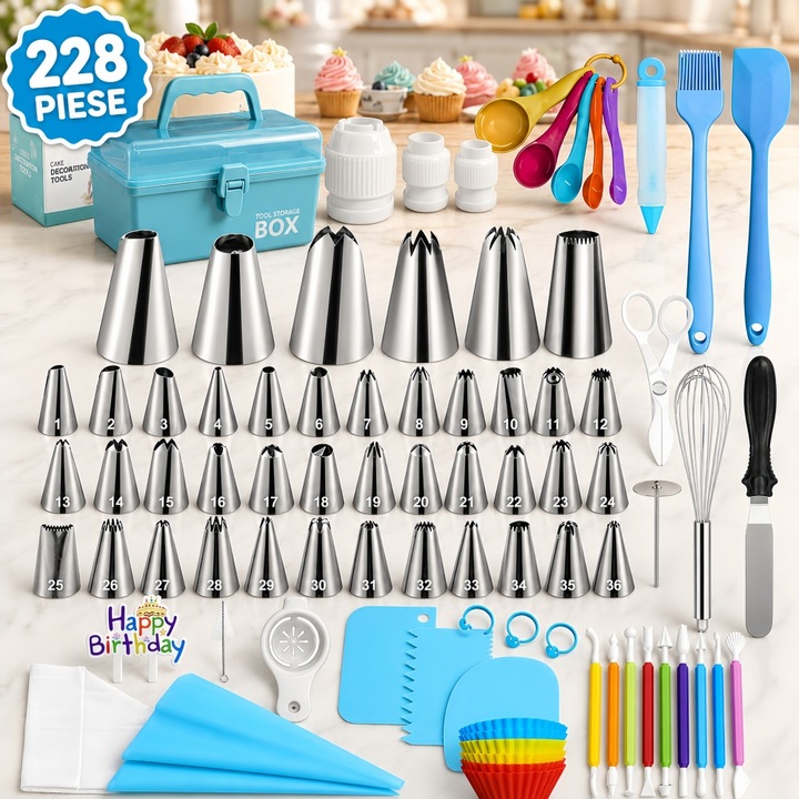 Set Patiserie/Cofetarie, 228 piese, Excitat®, Duiuri pentru ornat si decorat prajituri, Pungi de ornare de, Ustensile ornare prajituri, Cutie Depozitare, Materiale sigure pentru produse alimentare, Multicolor
