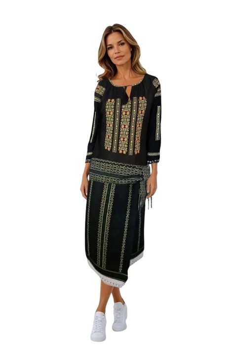 Fusta dama tip catrinta cu broderie traditionala one size, negru/verde