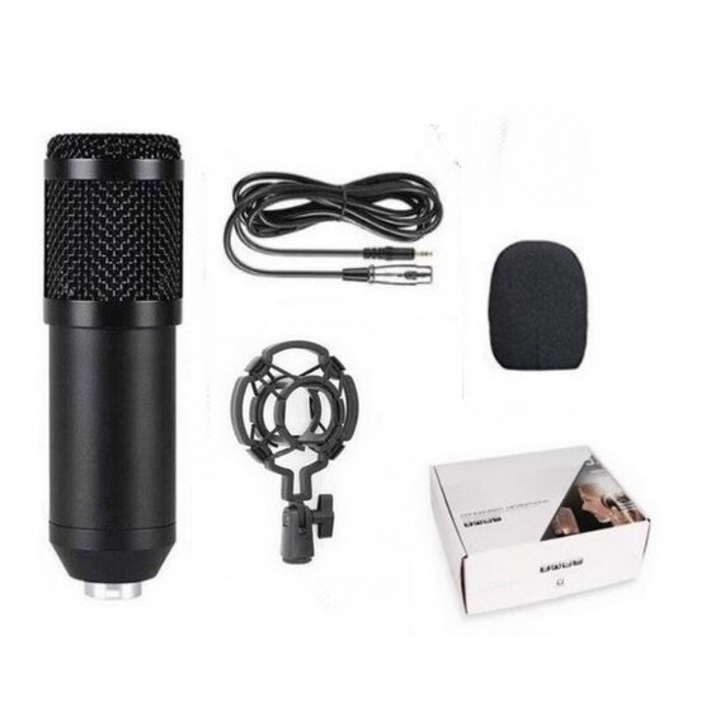 Set Microfon Condenser BM 800 negru potrivit pentru inregistrari pe telefoane mobile si computere, jocuri