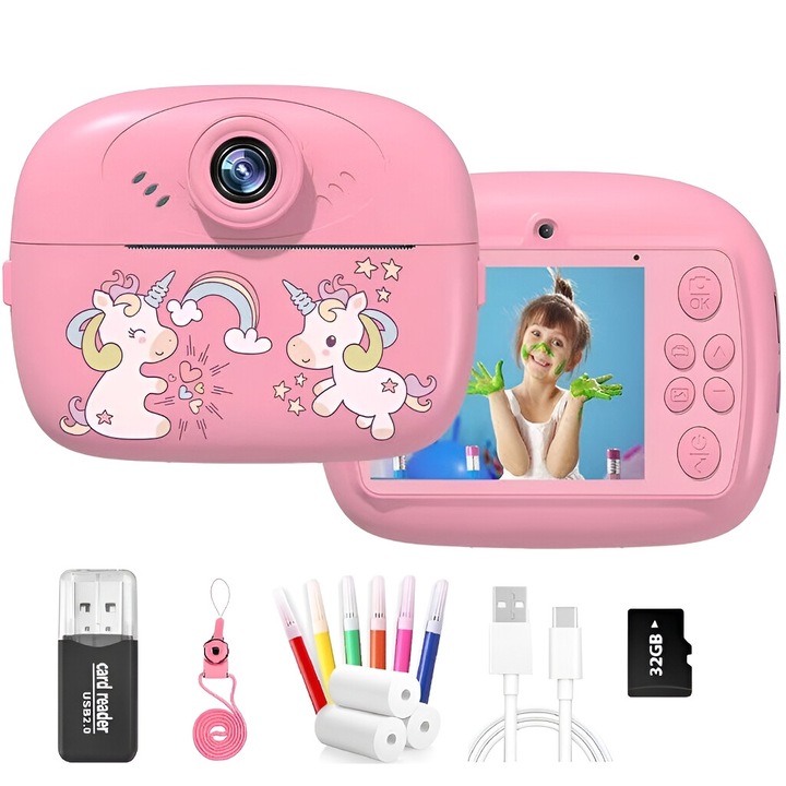 Моментална камера за деца с функция за печат, Excitat®, 2,4 инча, 32GB SD карта 1080P HD, 1200 mAh, С 3 хартиени ролки, USB-C кабел, Розов