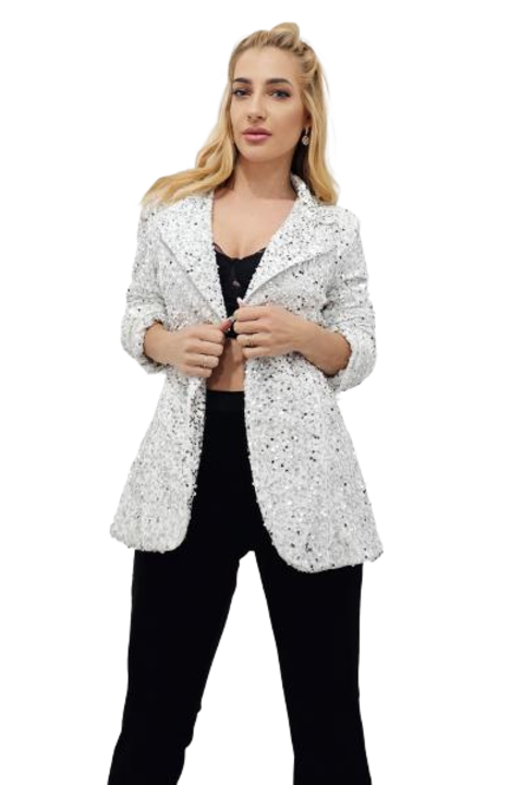 Sacou elegant de ocazie Hermina, paiete si prindere cu nasture, Alb, Marime universala S/M, FashionForYou