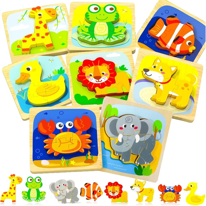 Интерактивен дървен пъзел за деца 1-3 години, 8 форми, образователни играчки, многоцветен