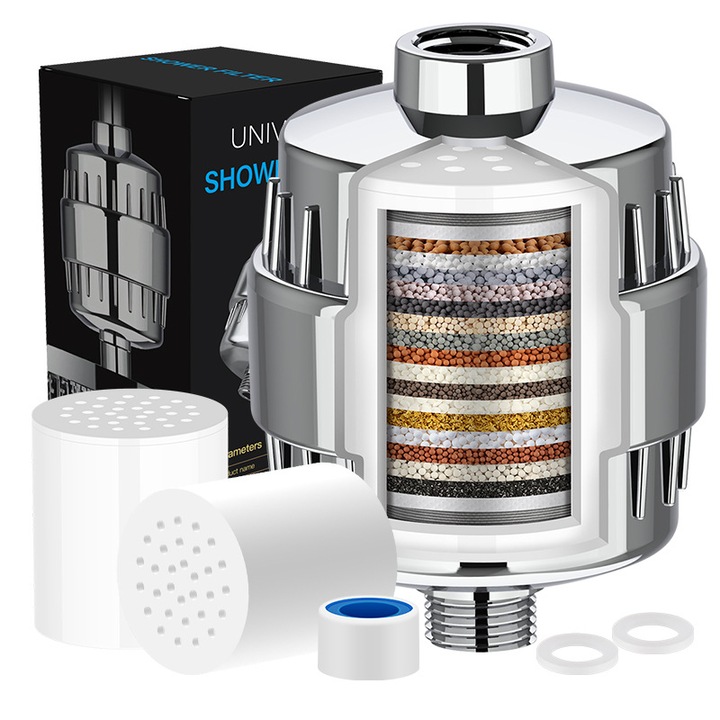 Filtru de apa de dus premium, filtrare in 20 de trepte, include cap de dus, usor de instalat, infuzat cu minerale si vitamina C, indeparteaza clorul, metalele grele, impuritatile si mirosurile neplacute, purificator de apa, argint