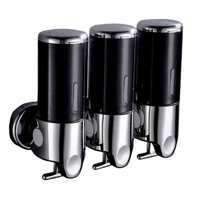 RorAem falra szerelhető szappanadagoló, 3 rekes, nagy kapacitású, fekete, fürdőszobába és konyhába