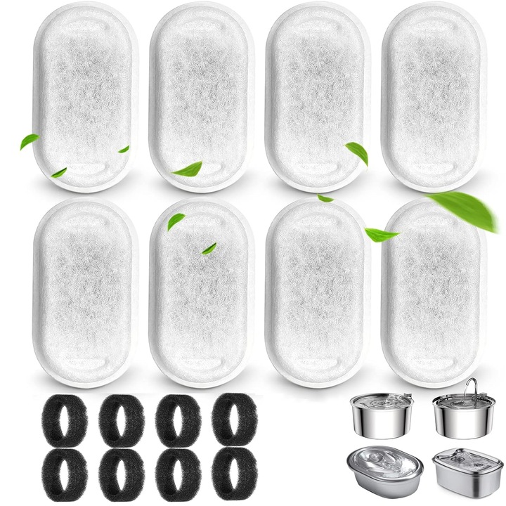 Set de 16 bucati de filtre de schimb pentru dozatoare de apa, purificat, carbune activ, indeparteaza eficient impuritatile si parul, pentru dozatoare de apa, dozatoare de apa pentru caini si pisici, 8 filtre de bumbac si 8 bureti prefiltru, alb/negru