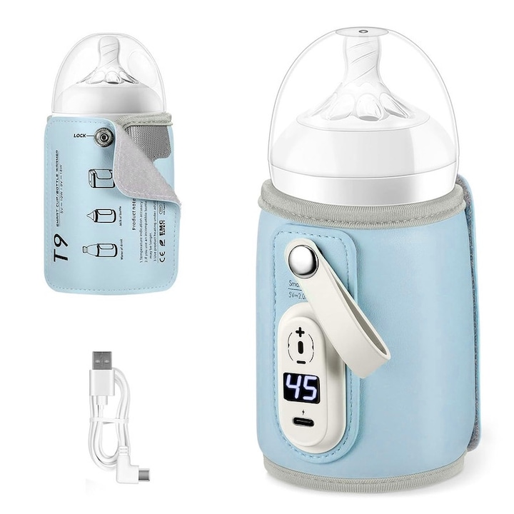 Преносим нагревател за бутилки, 6 температурни степени, USB, 40-50°C, син