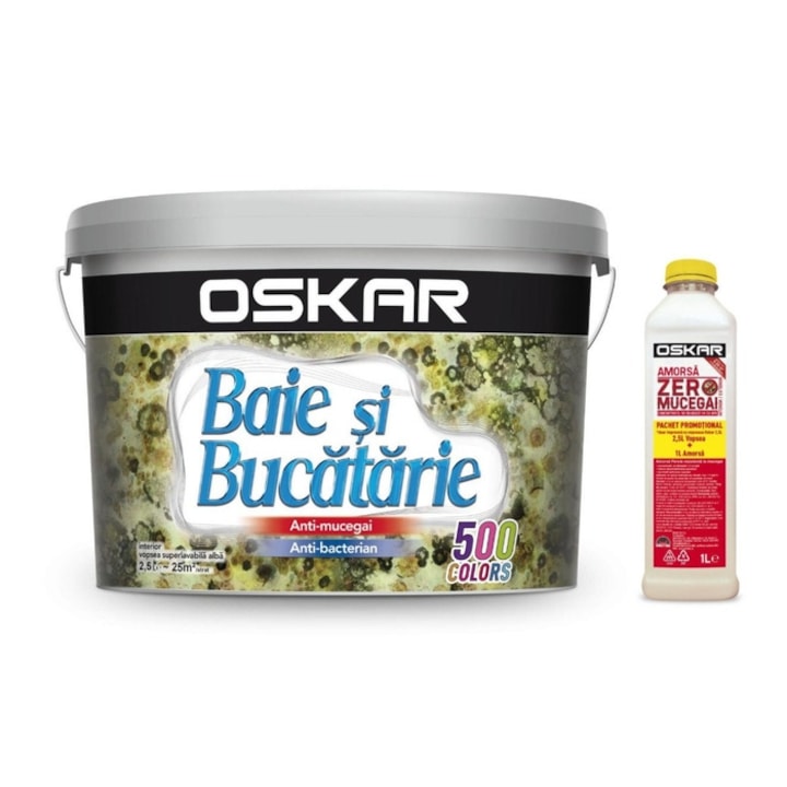 Интериорна миеща се боя, Oskar, против мухъл, баня и кухня, бяла, 2,5 L + грунд Oskar Zero Mold, 1 L