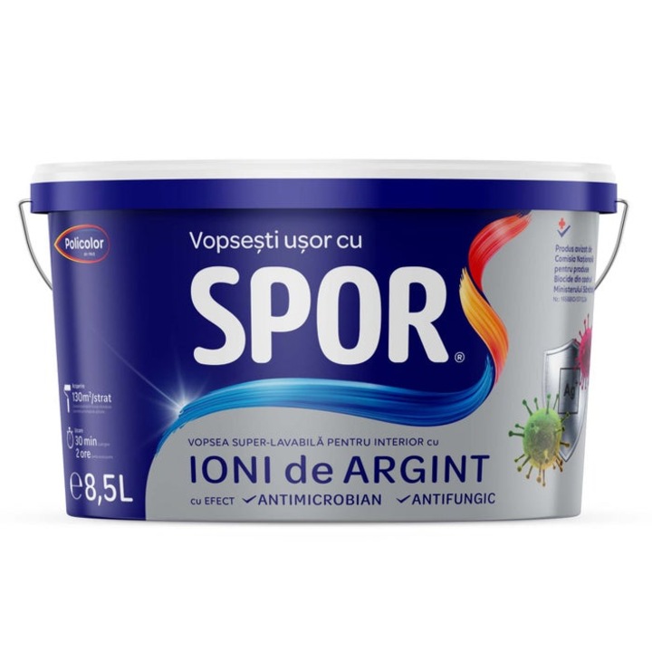 Vopsea superlavabila interior, Spor cu ioni de argint, alba, 8.5 L