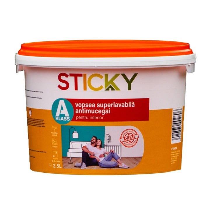 Интериорна миеща се боя, Sticky A Klass, против мухъл, бяла, 2.5 L